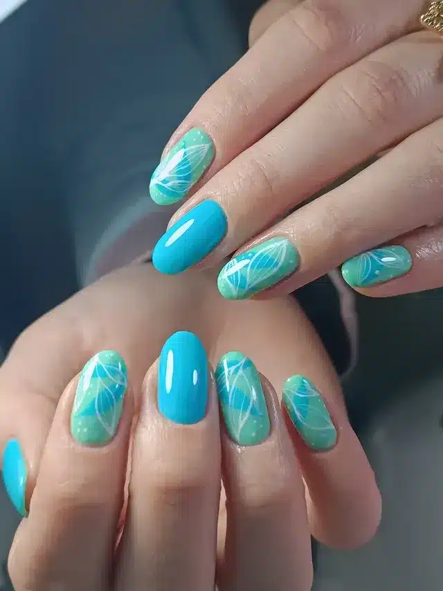 13. Turquoise Botanical Oval Nails - oval nail ideas