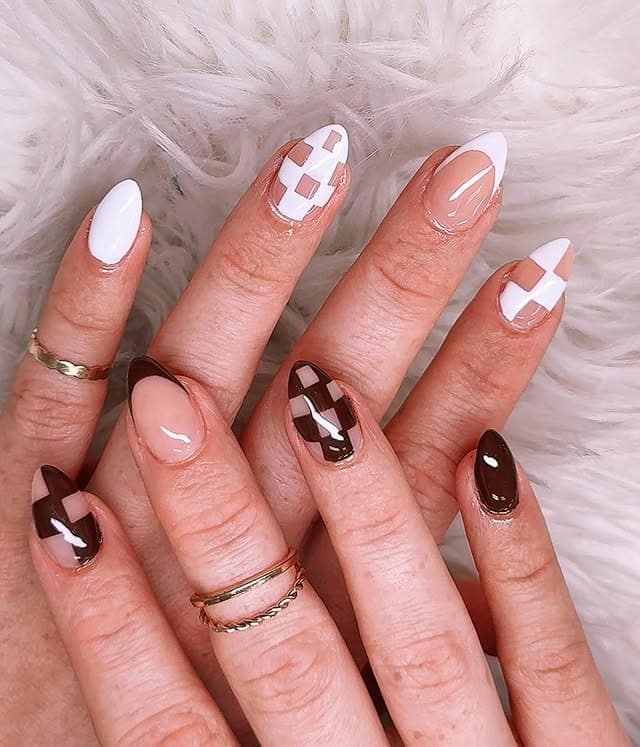 17. Brown Checkerboard Oval Nails - oval nail ideas