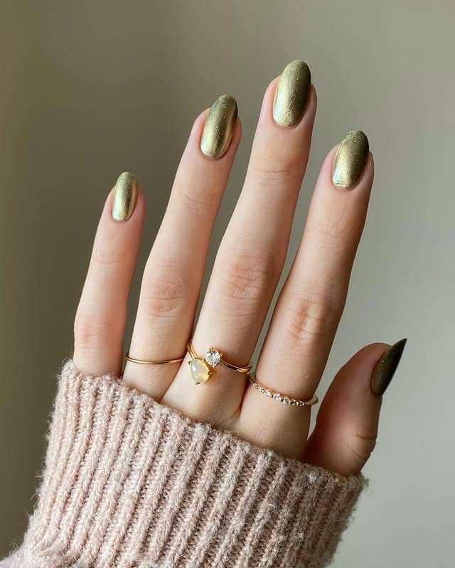 20. Metallic Olive Green Oval Nails - oval nail ideas