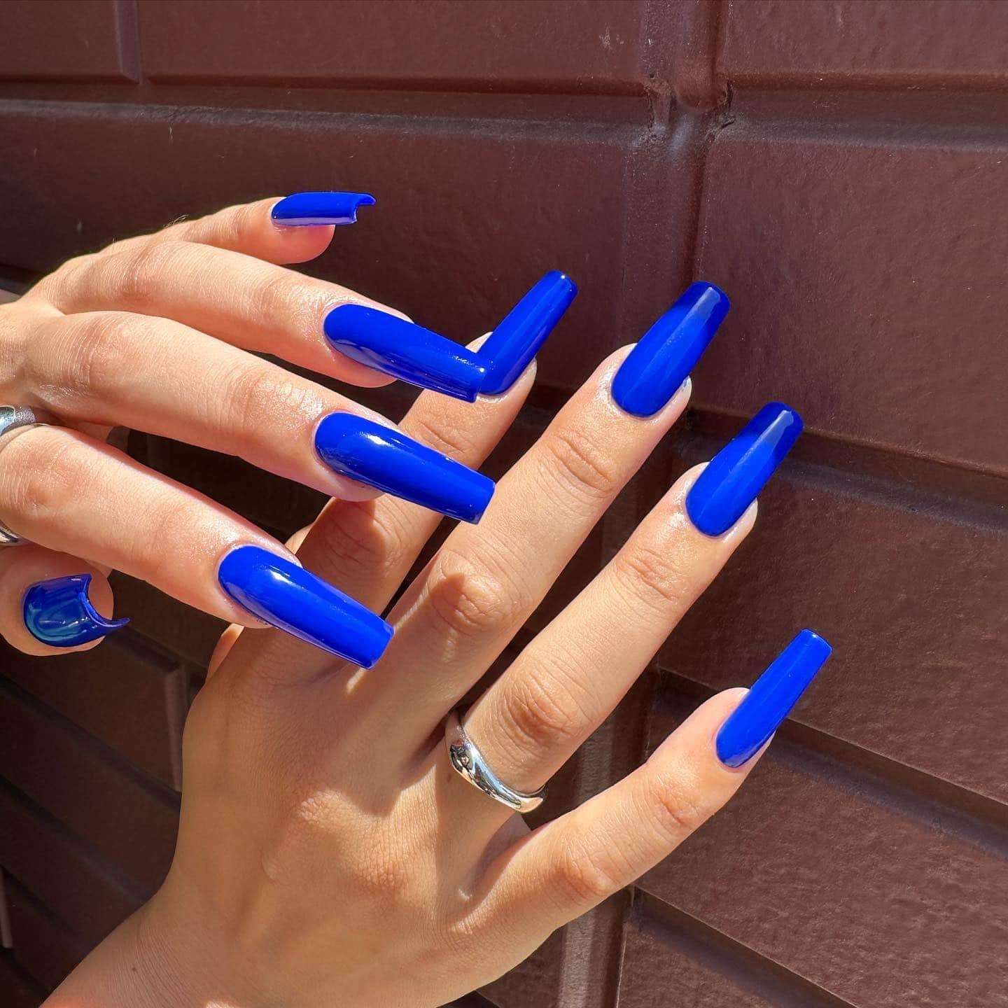 10. Royal Blue Long Coffin Nails - royal blue nail ideas