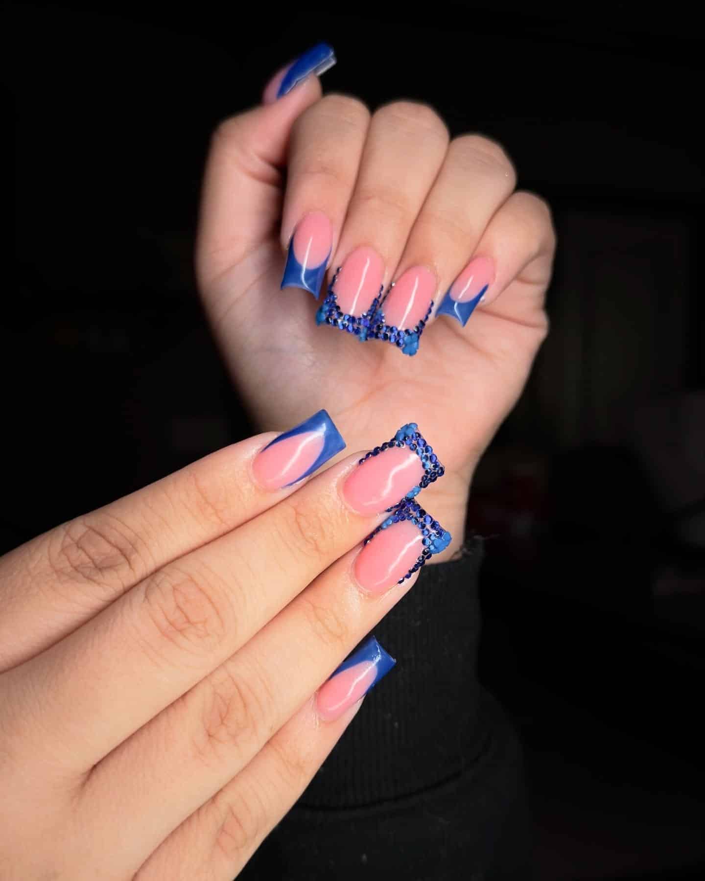 11. Royal Blue French Tip Square Nails with Crystal Borders - royal blue nail ideas
