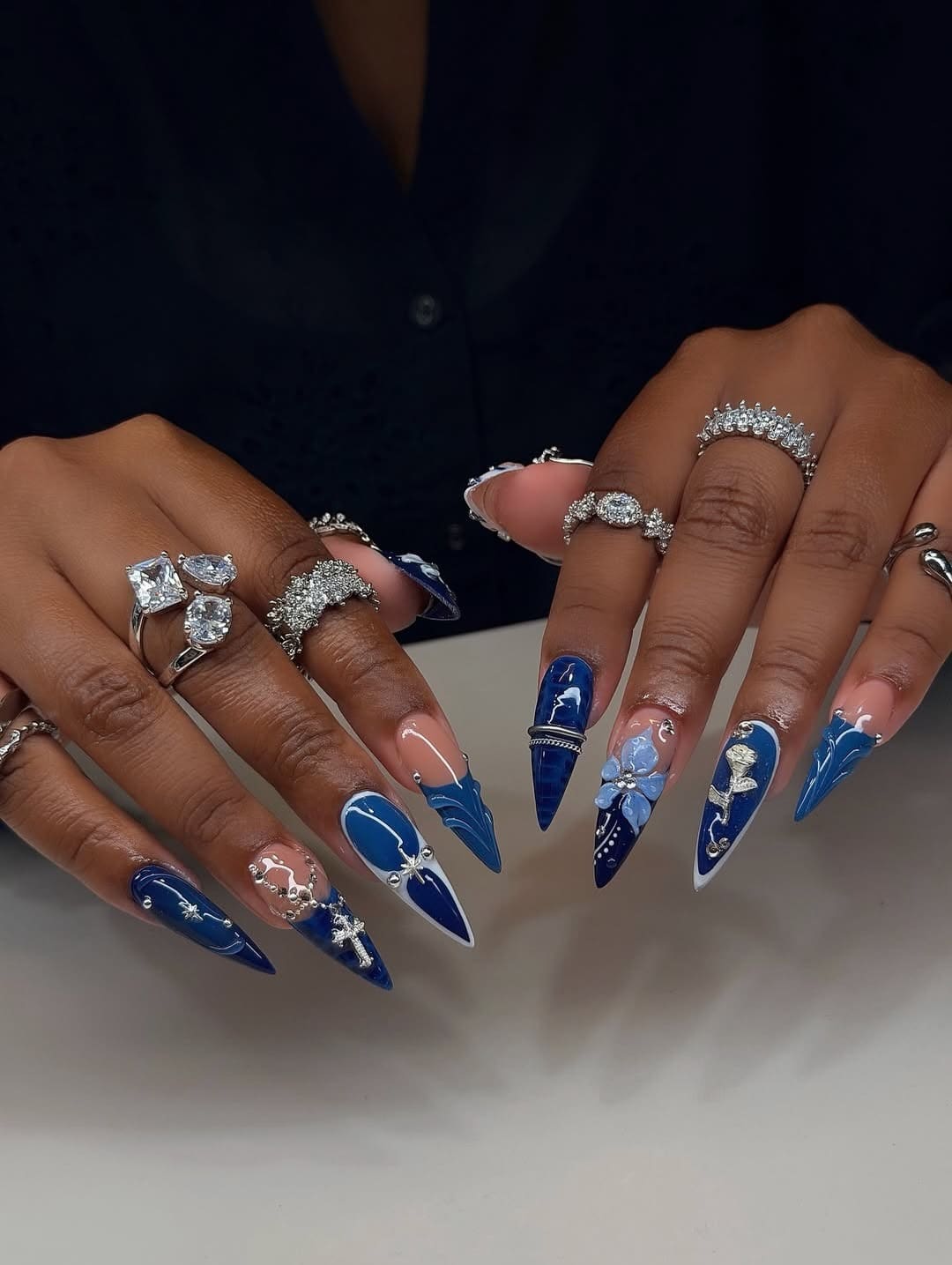 19. Royal Blue Luxury Stiletto Nails with 3D Art - royal blue nail ideas