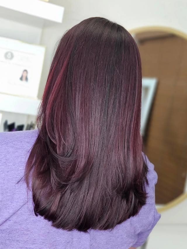 22. Deep Burgundy Layered Blowout - Deep Burgundy Hair Color
