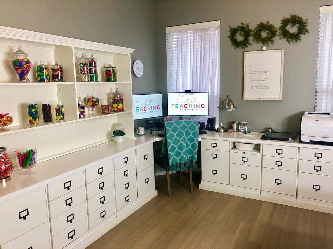 2. White Teacher Office Idea with Gray Walls - teacher office ideas
