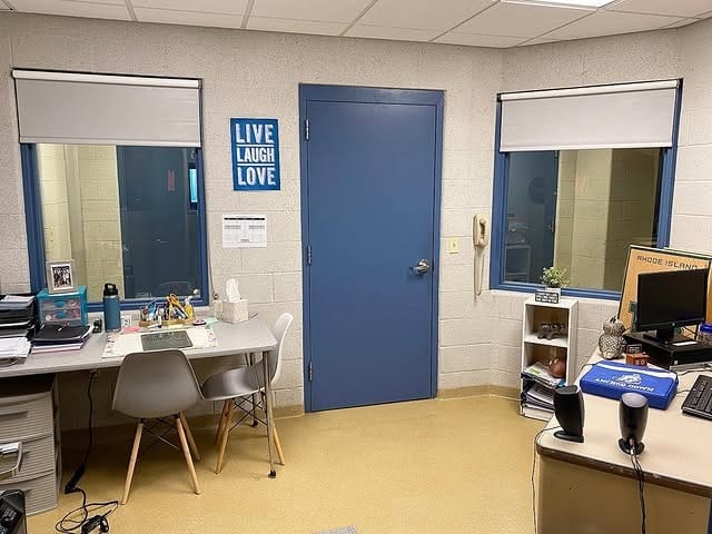 8. Blue Teacher Office Idea with Neutral Finishes - teacher office ideas