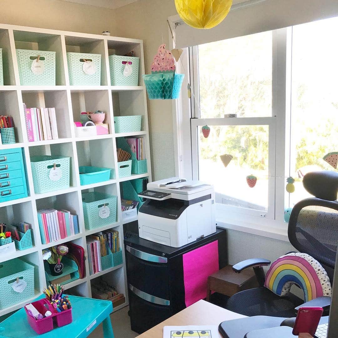 9. Pastel Teacher Office Idea with Aqua Storage - teacher office ideas