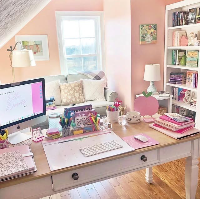 11. Blush Pink Teacher Office Idea with White Furniture - teacher office ideas