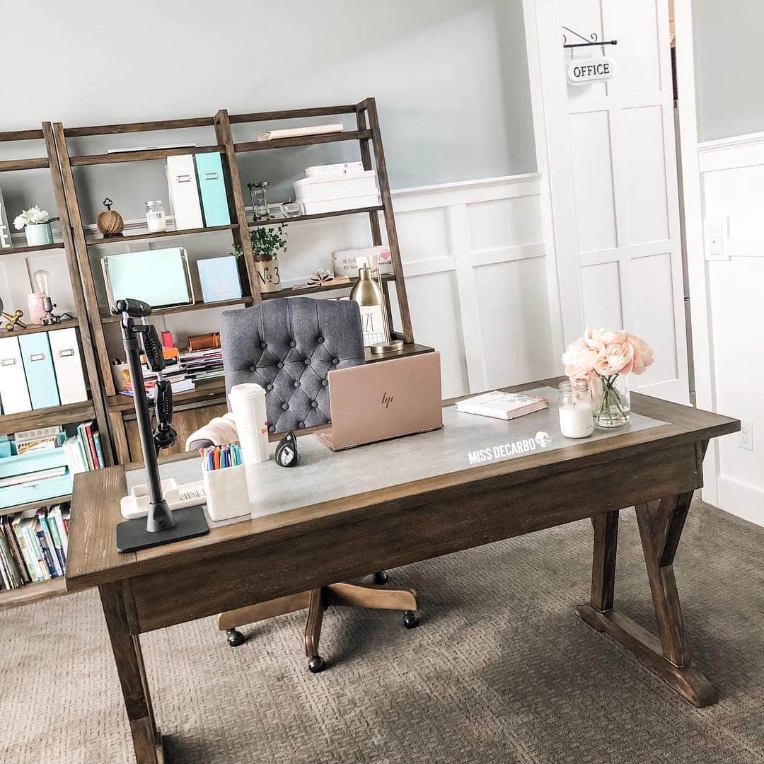 14. Farmhouse Teacher Office Idea with Gray and Brown - teacher office ideas