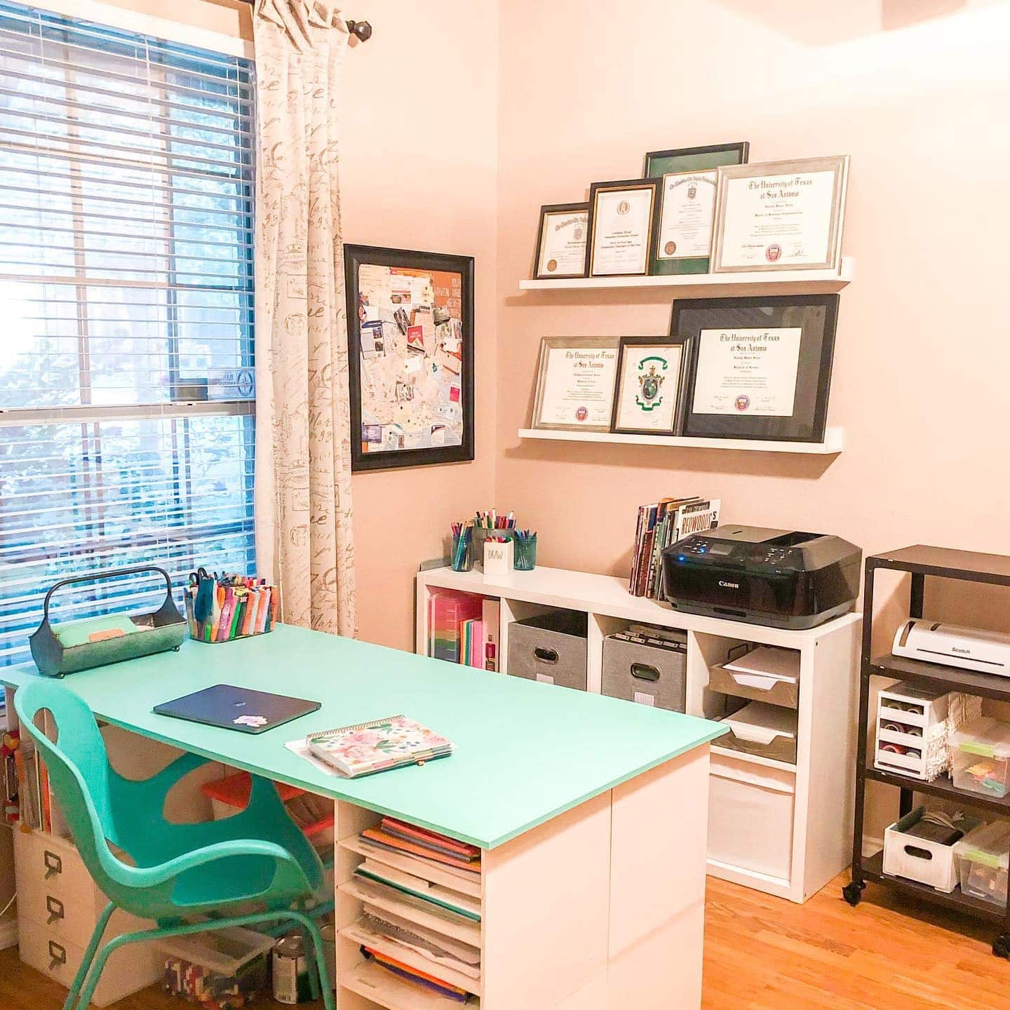 15. Mint Green Teacher Office Idea with Peach Walls - teacher office ideas