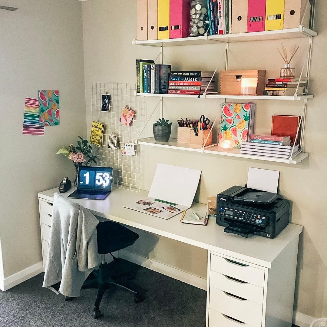 16. White Teacher Office Idea with Colorful Storage - teacher office ideas