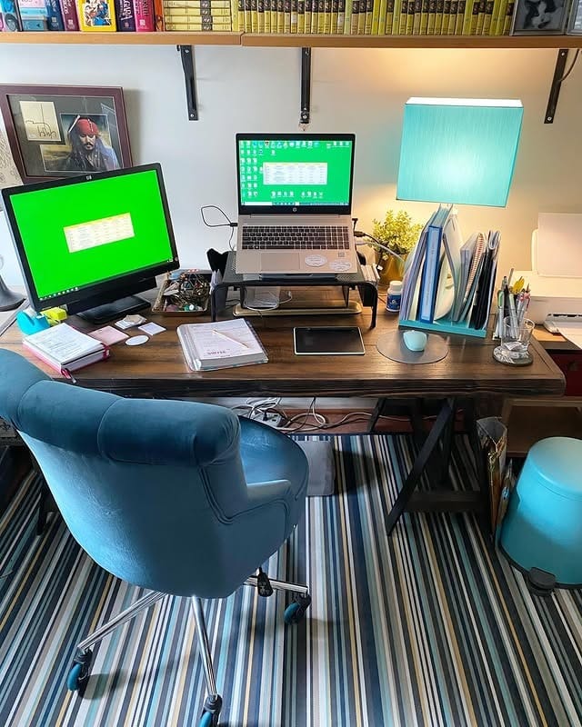 17. Blue Teacher Office Idea with Dark Wood Desk - teacher office ideas