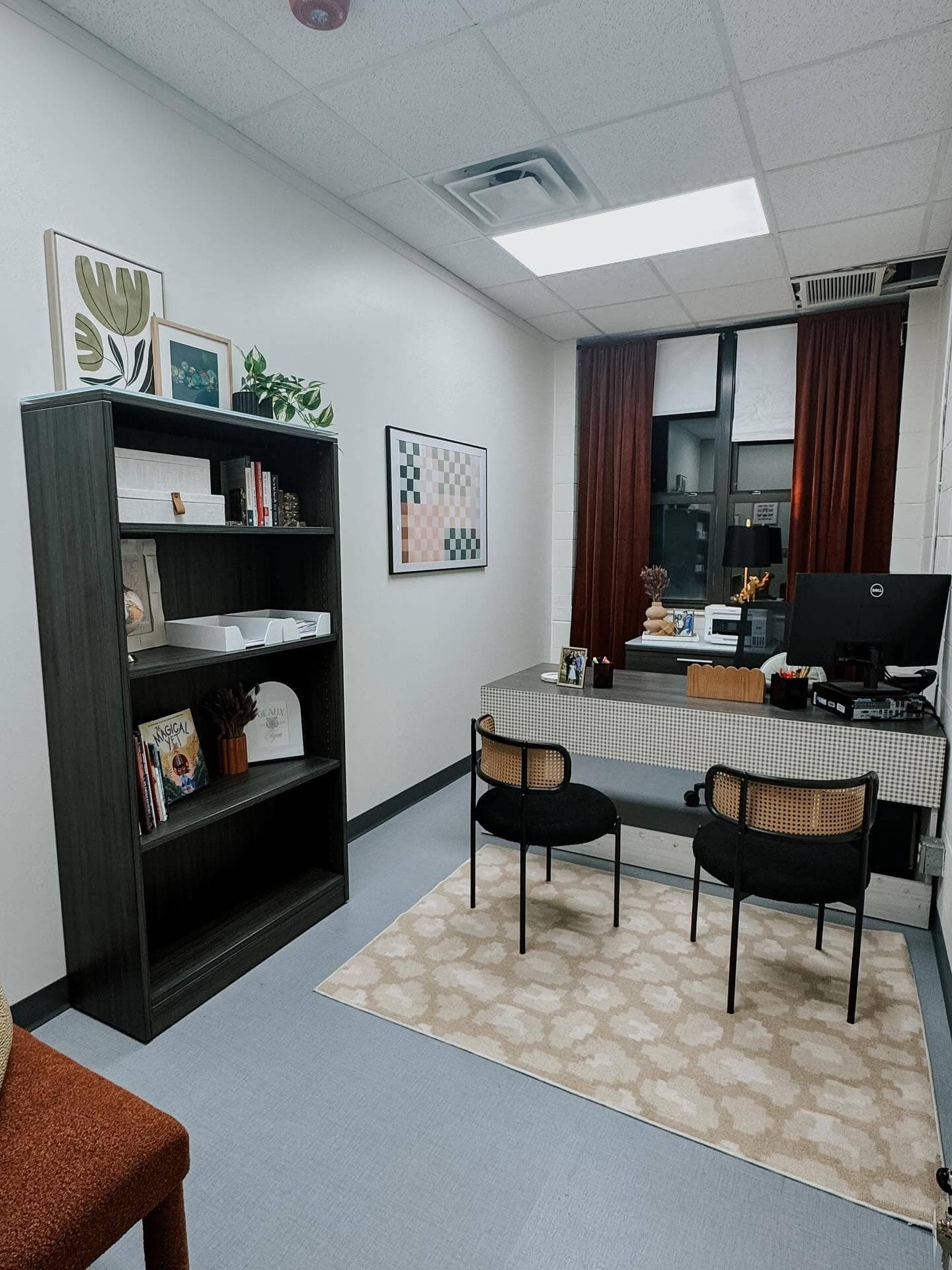 21. Modern Charcoal Teacher Office Idea with Burgundy Accents - teacher office ideas