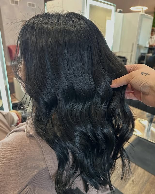 4. Soft Wavy Blue Black Mid-Length Hair - Blue Black Hair Color