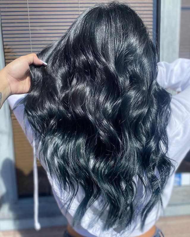 7. Long Glossy Blue Black Waves - Blue Black Hair Color