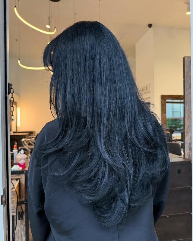 12. Long Layered Blue Black Blowout - Blue Black Hair Color