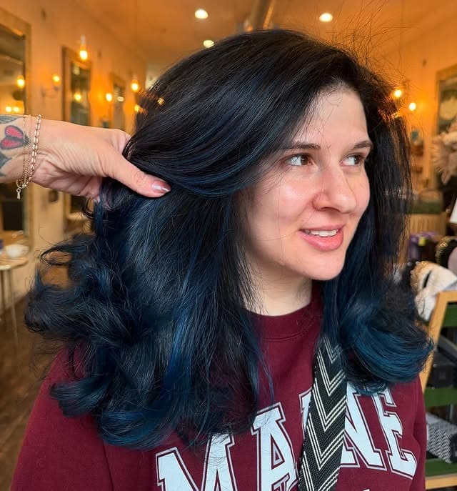 20. Feathered Blue Black Layers with Blue Accents - Blue Black Hair Color