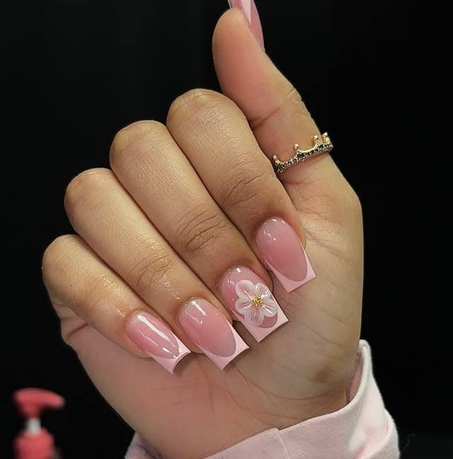 3. Soft Pink Square Nails with 3D Flower - short square nail ideas