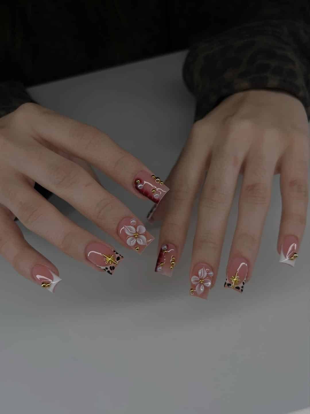 4. Burgundy Floral French Tip Nails - short square nail ideas