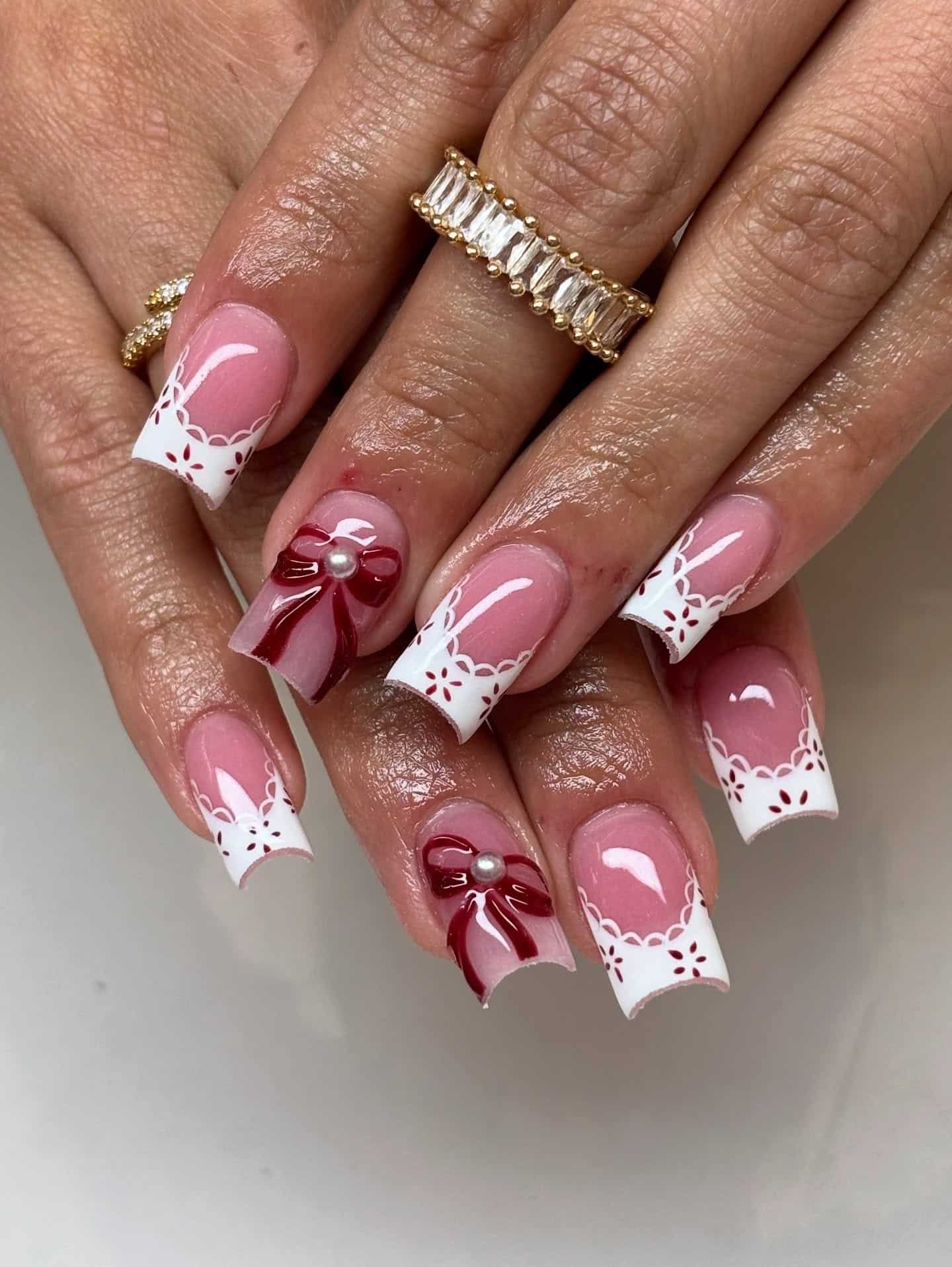 5. White Lace French Tip Nails with Burgundy Bow - short square nail ideas