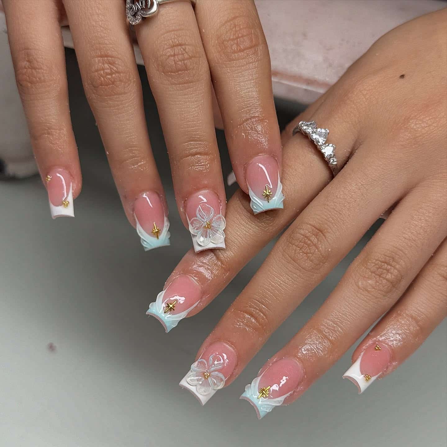 9. Blue Ombre Floral French Tip Nails - short square nail ideas