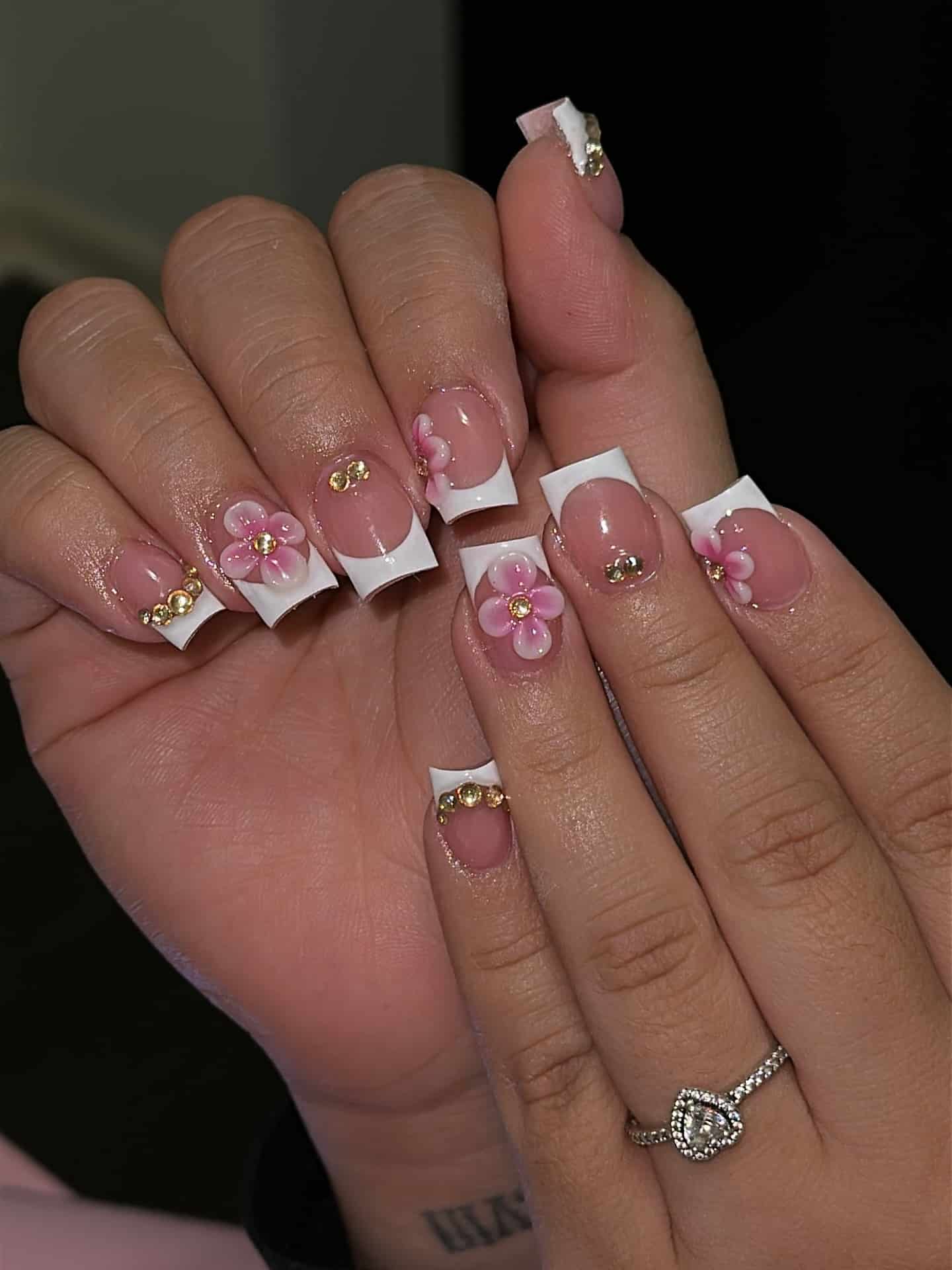 10. White French Tip Nails with Pink 3D Flowers - short square nail ideas