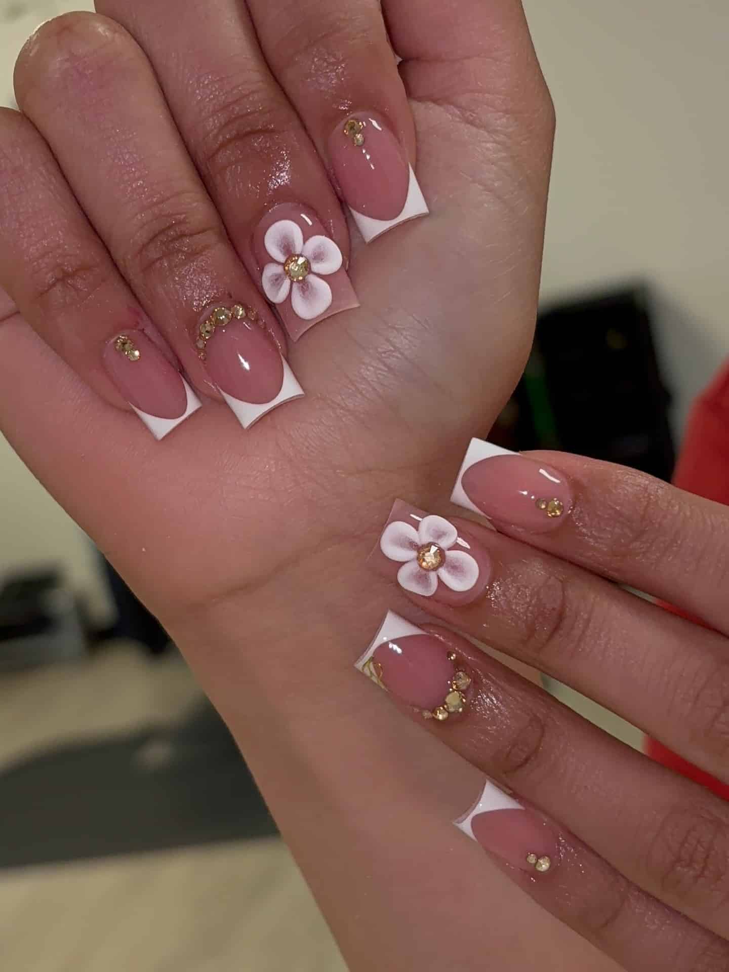 11. White French Tip Nails with 3D Daisy Flowers - short square nail ideas