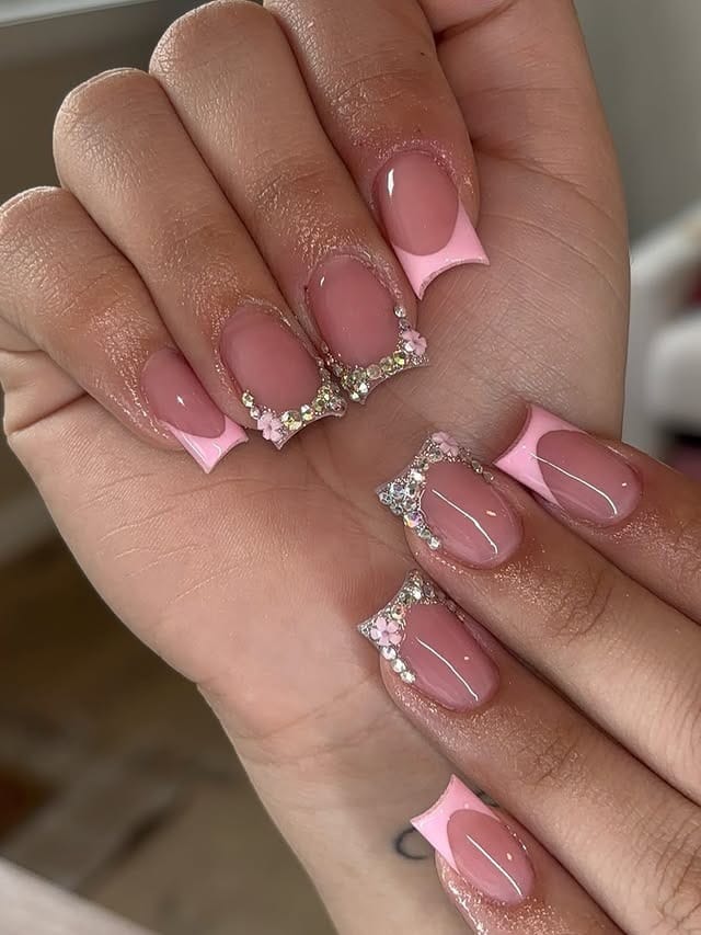 13. Baby Pink French Tip Nails with Crystal Cuticle Details - short square nail ideas