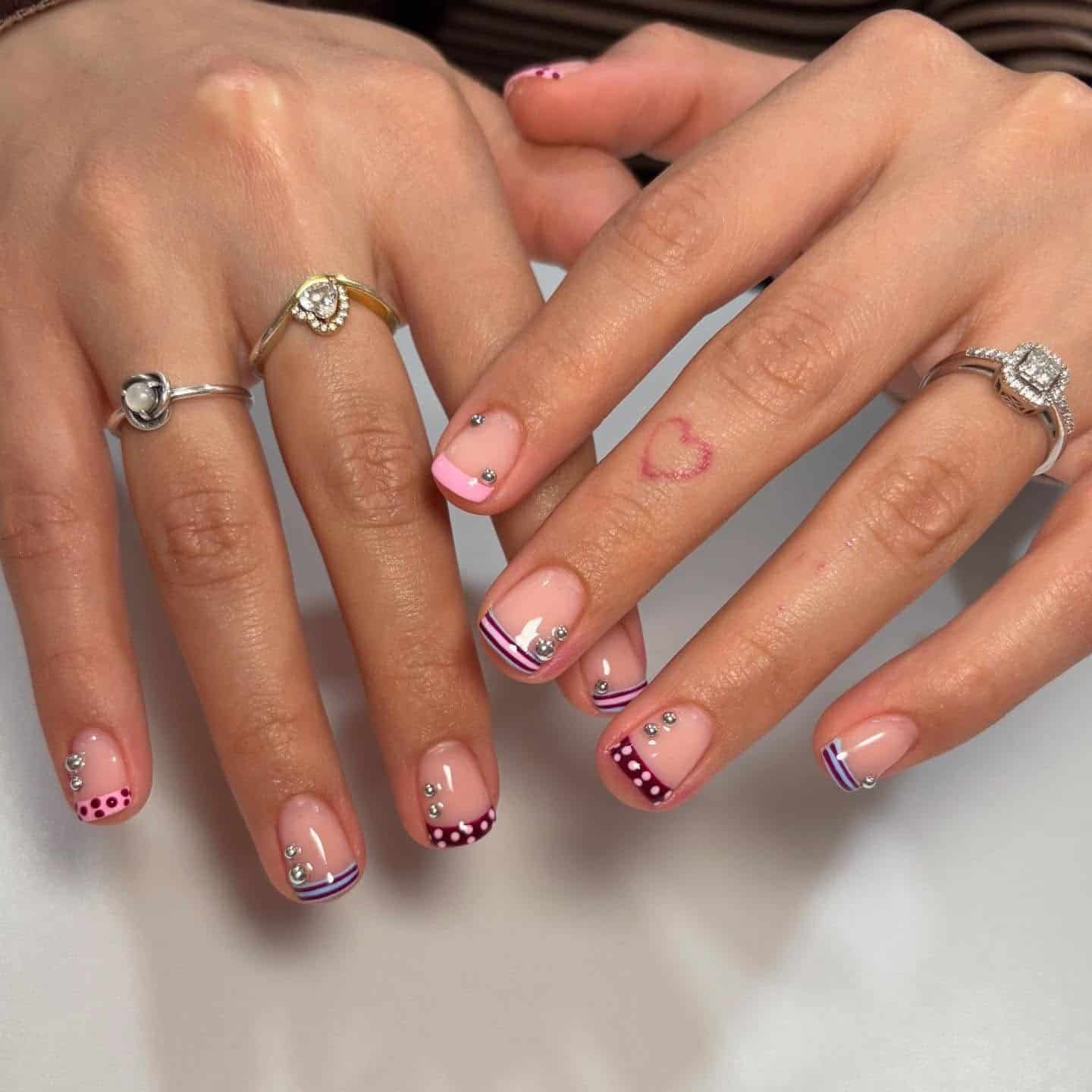 17. Pink and Burgundy Short Square Nails with Dot Art - short square nail ideas