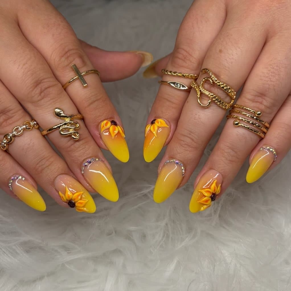 1. Sunflower Ombre Stiletto Nails in Bright Yellow - sunflower nail ideas