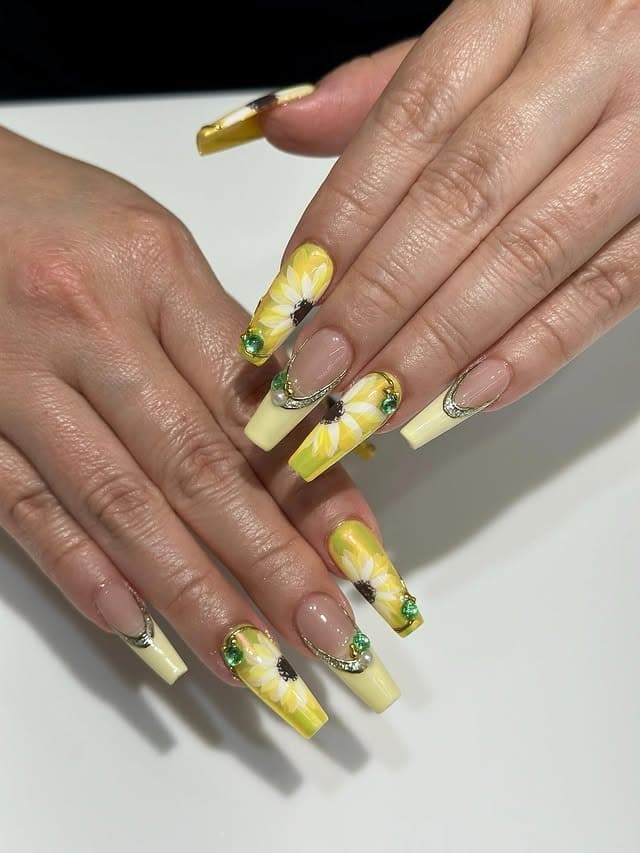 2. Pastel Yellow Square Sunflower Nails with Gem Accents - sunflower nail ideas