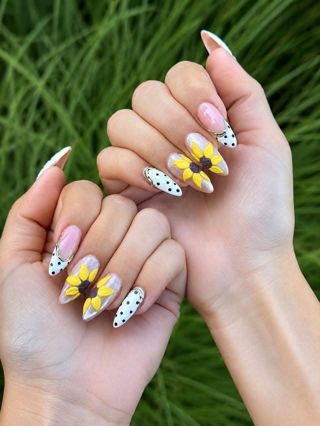 3. White Polka Dot Almond Sunflower Nails - sunflower nail ideas