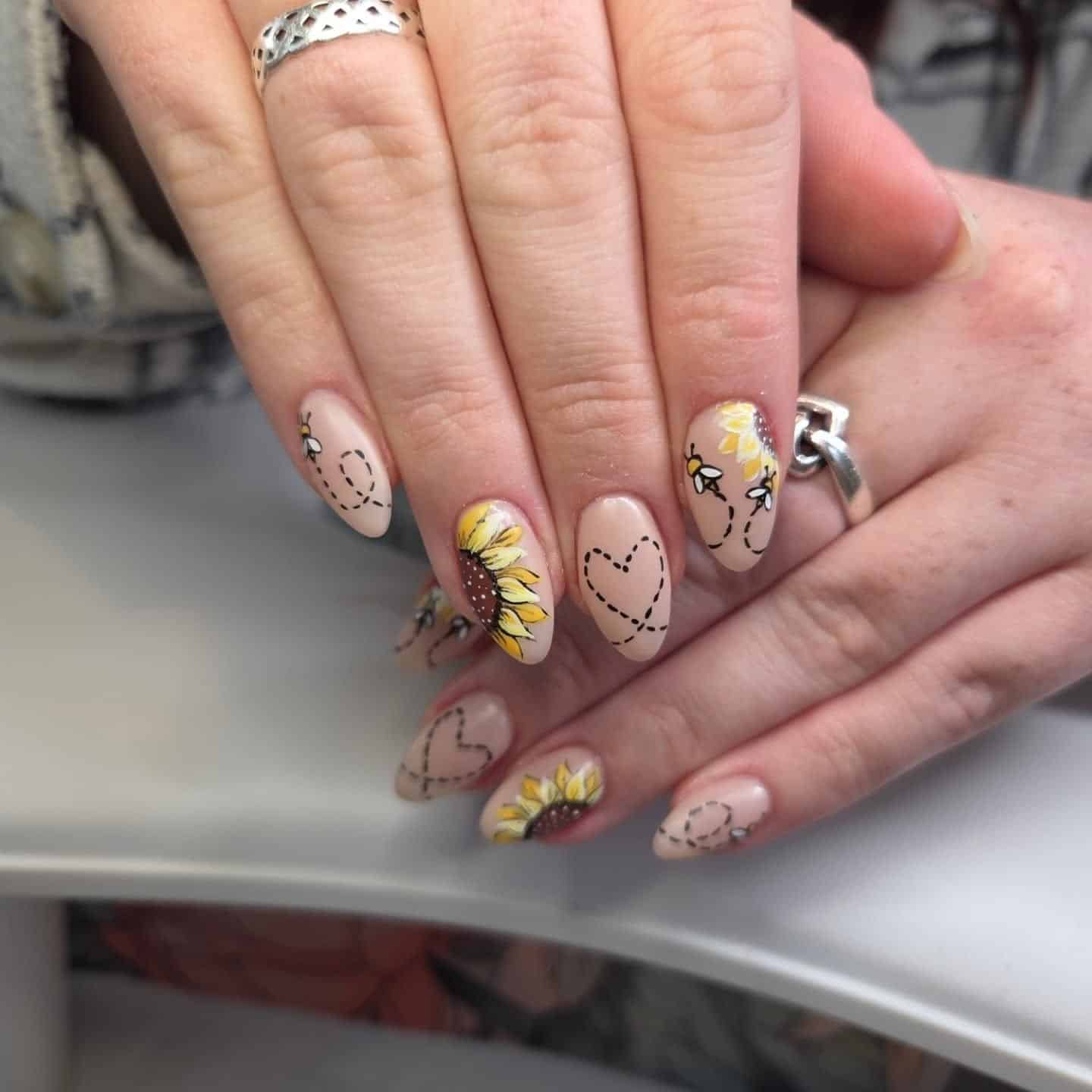 6. Bee and Sunflower Almond Nails - sunflower nail ideas
