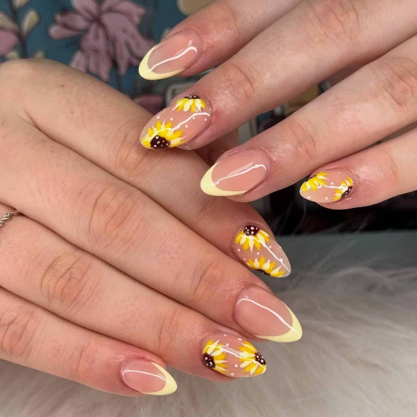 7. Soft Yellow French Sunflower Nails - sunflower nail ideas