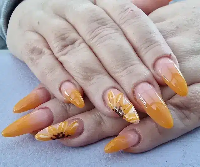 8. Burnt Yellow Ombre Sunflower Nails - sunflower nail ideas