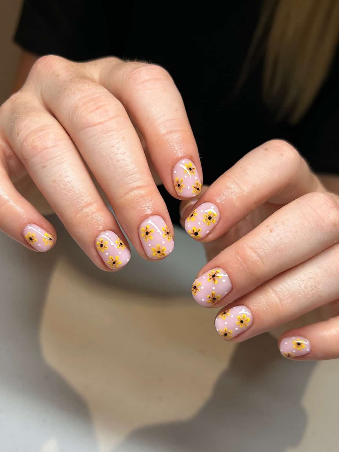 9. Tiny Yellow Floral Short Nails - sunflower nail ideas