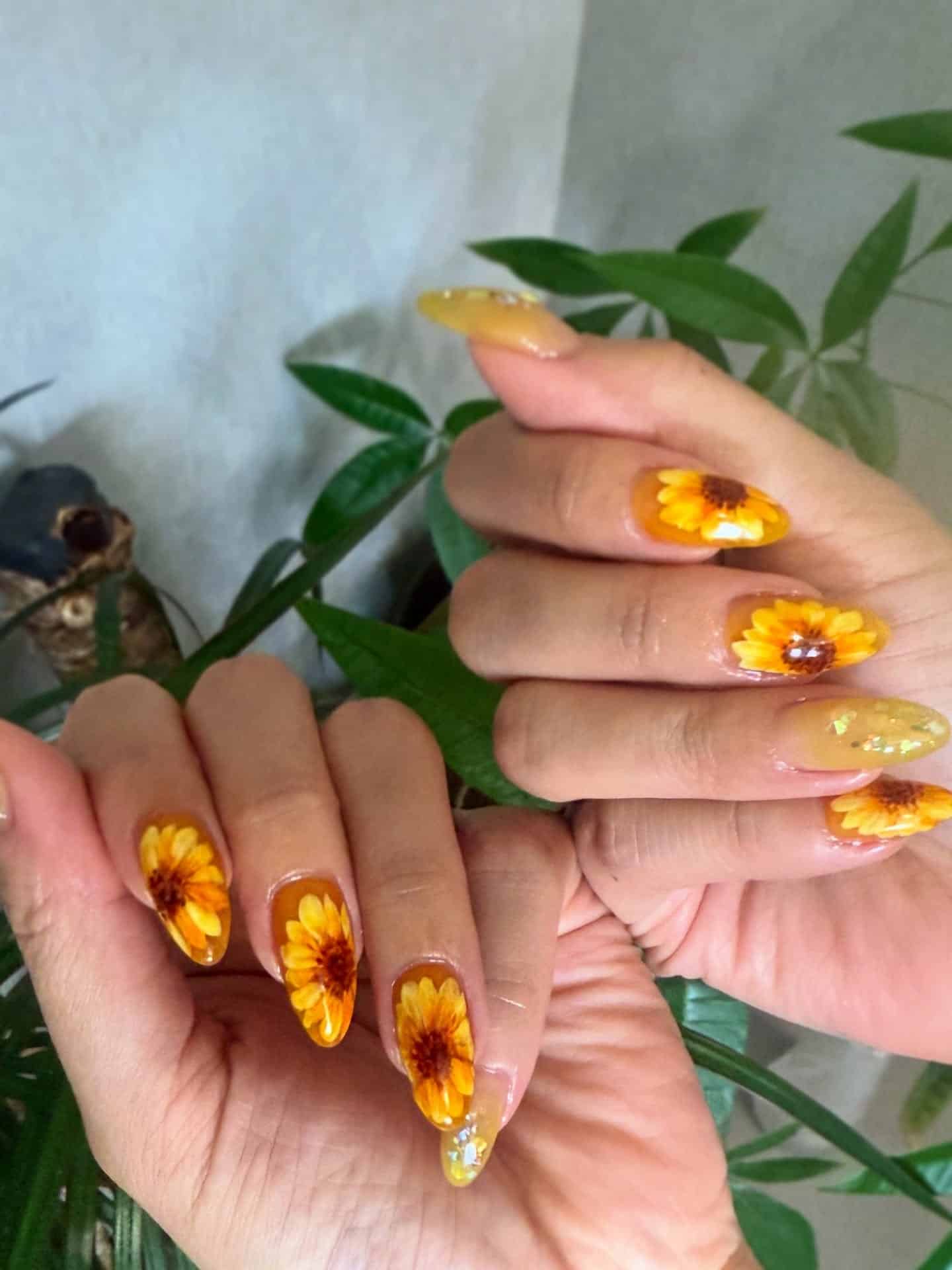 12. Golden Yellow Almond Sunflower Nails - sunflower nail ideas