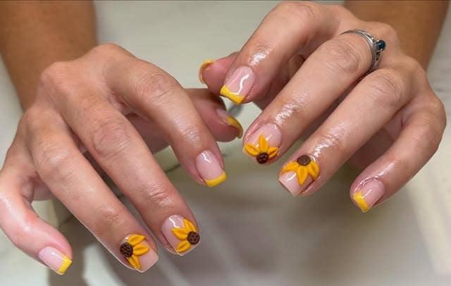 14. Short Square Yellow French Sunflower Nails - sunflower nail ideas