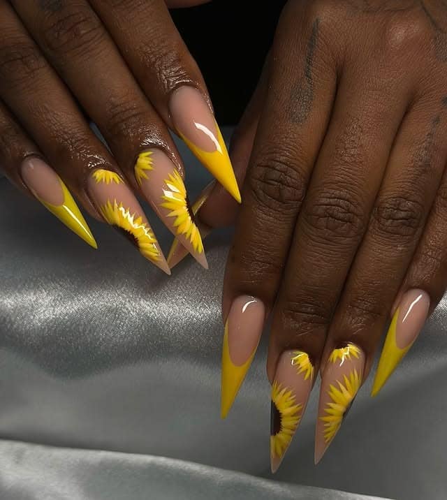 15. Yellow Stiletto Sunflower French Nails - sunflower nail ideas