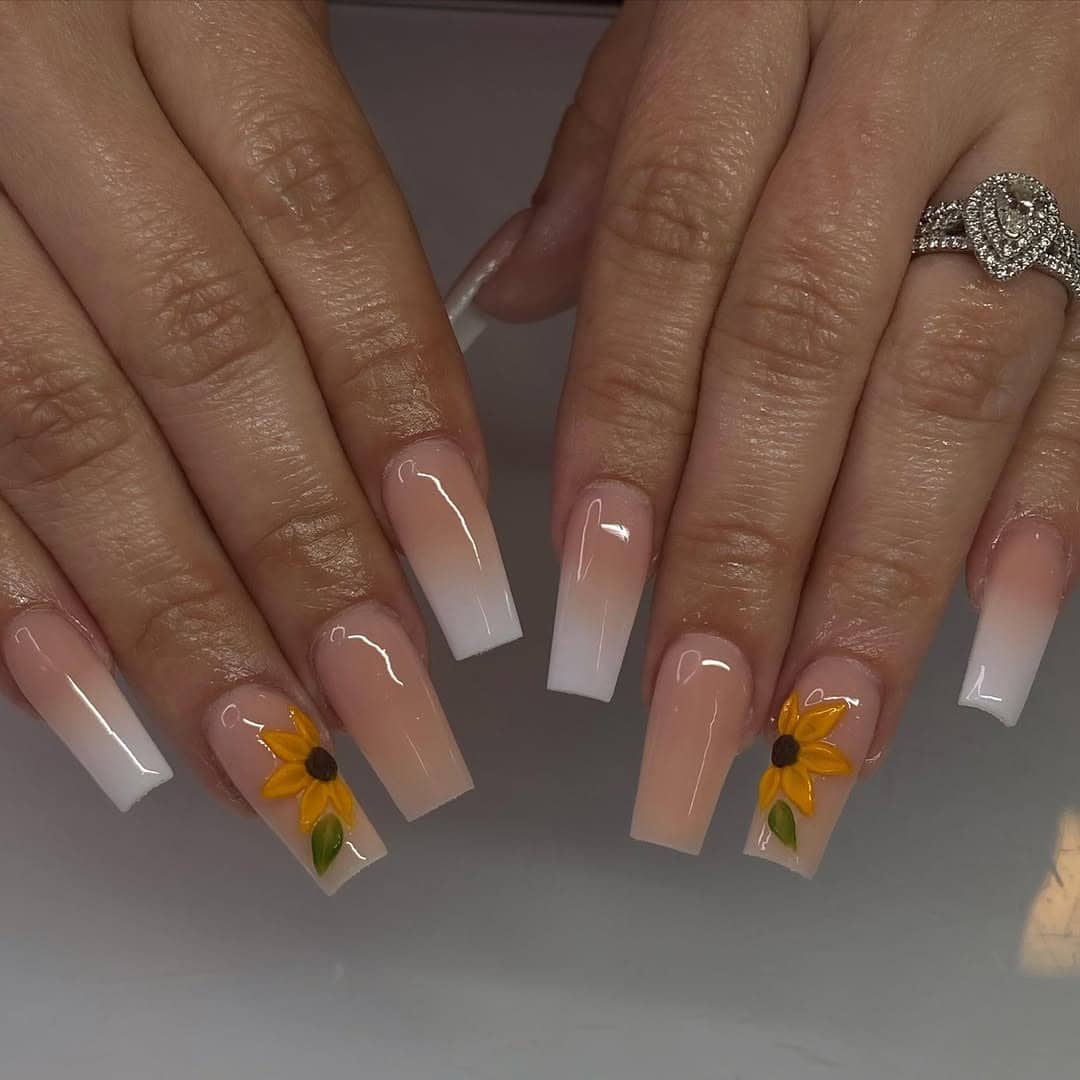 18. Ombre Coffin Sunflower Nails in Nude and White - sunflower nail ideas