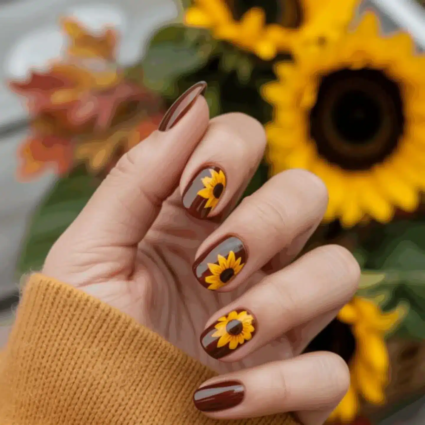 22. Short Square Brown Sunflower Nails - sunflower nail ideas