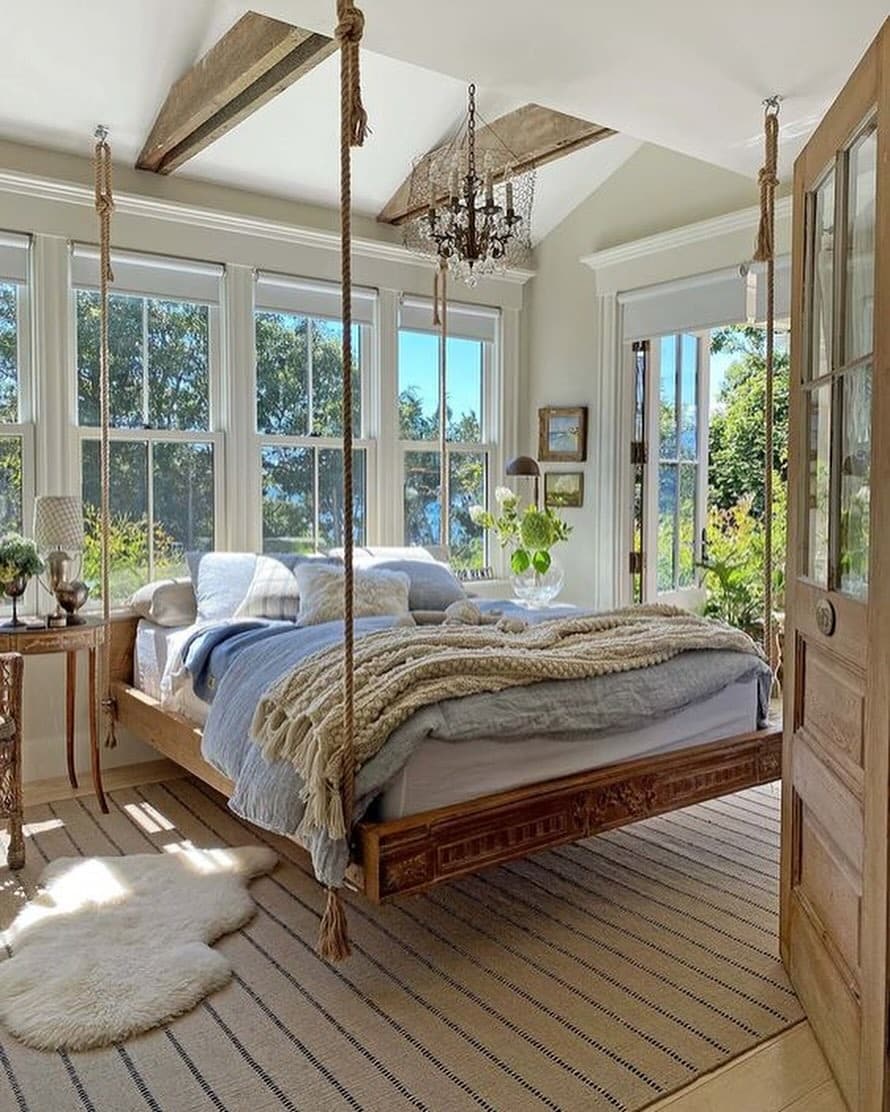 11. Natural Wood and Sky Blue Swing Bed Summer Bedroom Idea - summer bedroom ideas