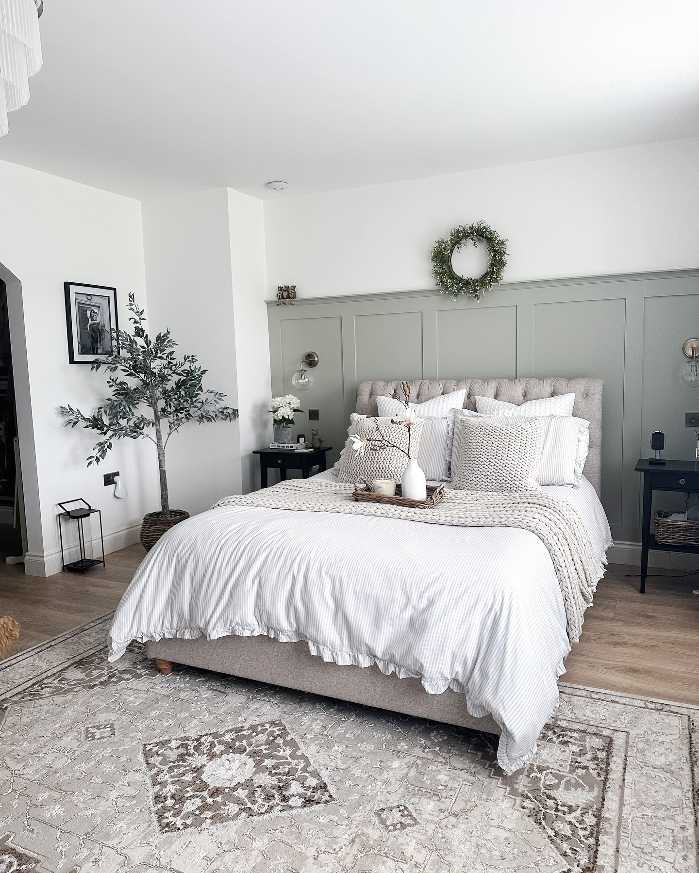 12. Sage Green and White Paneled Summer Bedroom Idea - summer bedroom ideas
