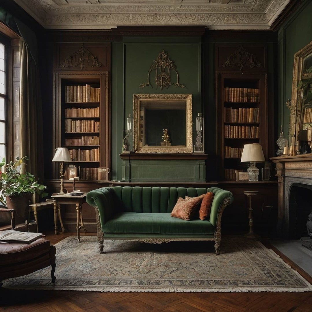 1. Dark Green Victorian Living Room with Vintage Library Charm - dark green living room ideas