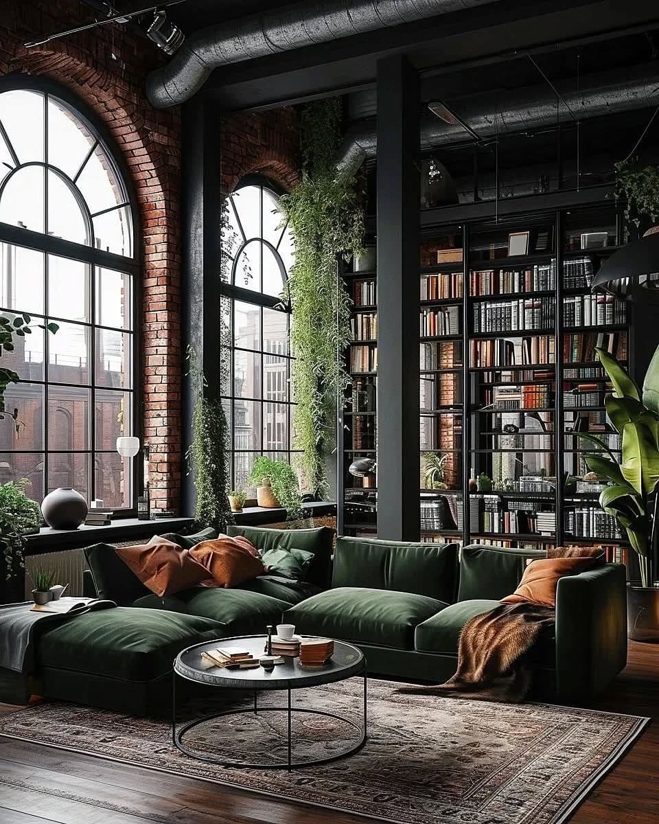 2. Dark Green Industrial Living Room with Loft Style Design - dark green living room ideas