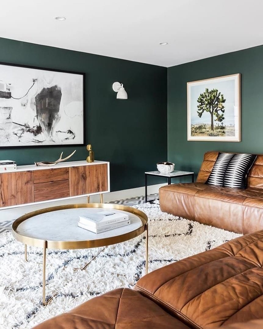 3. Modern Dark Green Living Room with Leather Furniture - dark green living room ideas