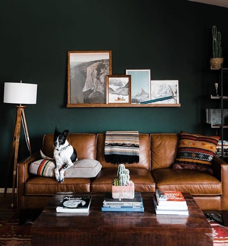 4. Cozy Dark Green Living Room with Rustic Leather Accents - dark green living room ideas