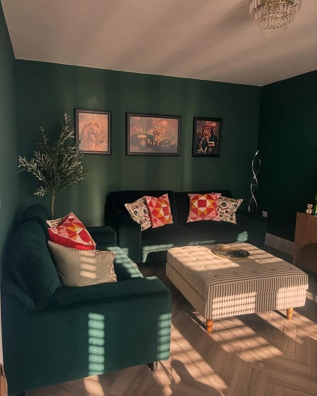 5. Dark Green Velvet Living Room with Colorful Accent Pillows - dark green living room ideas