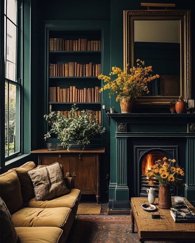 9. Moody Dark Green Living Room with Classic Fireplace - dark green living room ideas