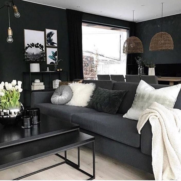 10. Contemporary Dark Green Living Room with Charcoal Furniture - dark green living room ideas