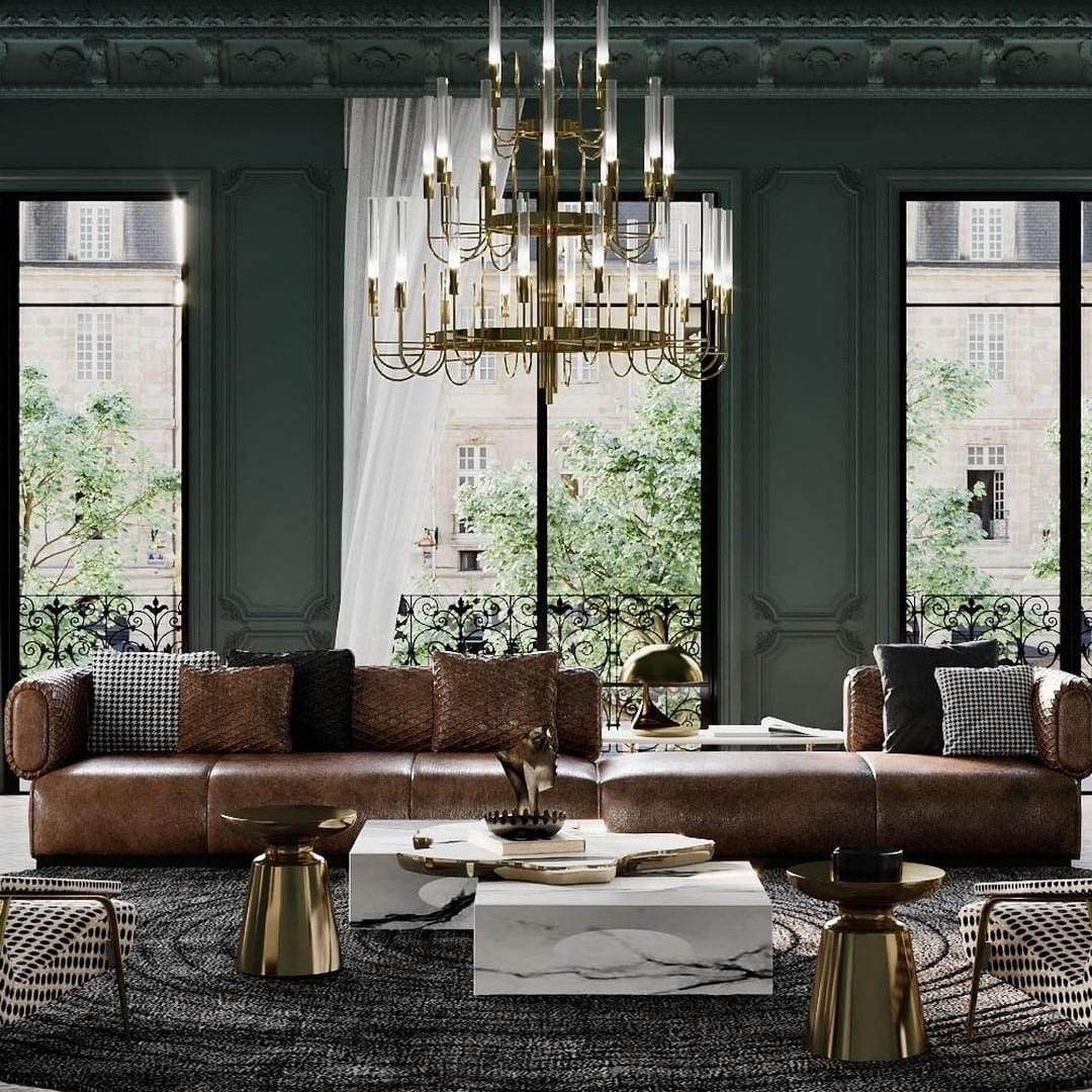 12. Elegant Dark Green Living Room with Brown Leather Sofa - dark green living room ideas